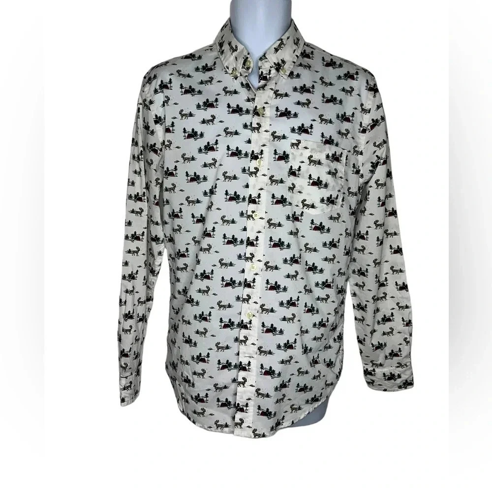 St John’s Bay men’s white winter holiday moose button down shirt sz small